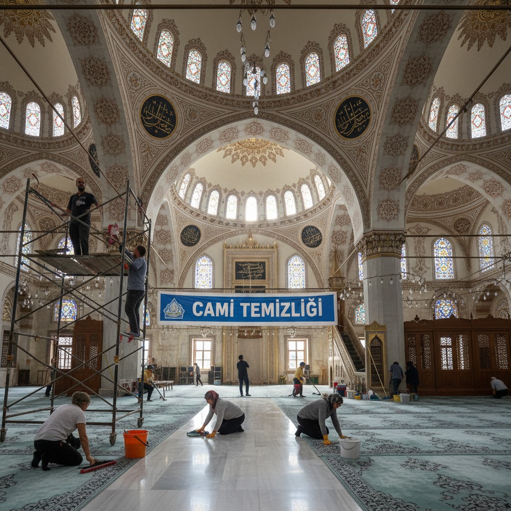 İçerisinde temizlik çalışmaları yapılan geniş kubbeli bir cami ve ortada "CAMİ TEMİZLİĞİ" yazılı bir pankart yer alıyor.